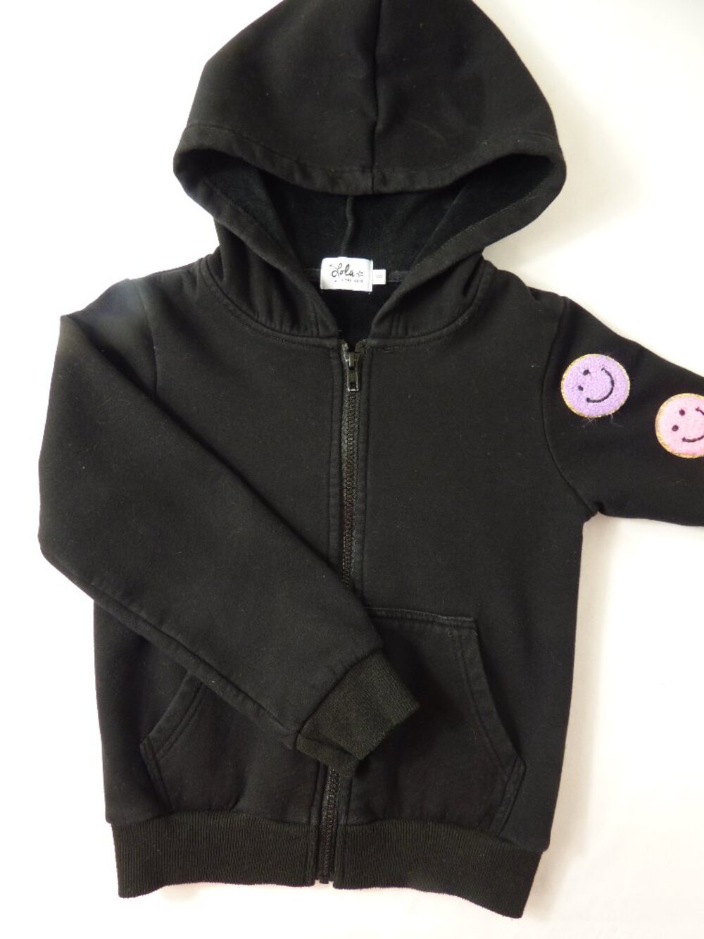Lola + The Boys Girls Black Zip-Up Velvet -Lined Hoodie with Smiley Face Patches